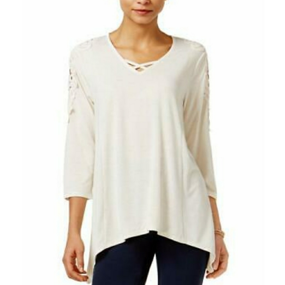 Style & Co. Ivory Lattice Neck Crochet Knit Top